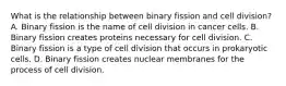 What is the relationship between binary fission and cell division? A. Binary fission is the name of cell division in cancer cells. B. Binary fission creates proteins necessary for cell division. C. Binary fission is a type of cell division that occurs in prokaryotic cells. D. Binary fission creates nuclear membranes for the process of cell division.