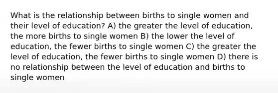 What is the relationship between births to single women and their level of education? A) the greater the level of education, the more births to single women B) the lower the level of education, the fewer births to single women C) the greater the level of education, the fewer births to single women D) there is no relationship between the level of education and births to single women