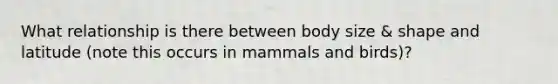 What relationship is there between body size & shape and latitude (note this occurs in mammals and birds)?