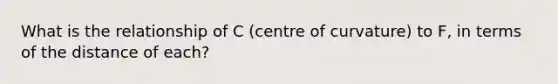 What is the relationship of C (centre of curvature) to F, in terms of the distance of each?