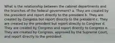 What is the relationship between the cabinet departments and the branches of the federal government? a. They are created by the president and report directly to the president b. They are created by Congress but report directly to the president c. They are created by the president but report directly to Congress d. They are created by Congress and report directly to Congress e. They are created by Congress, approved by the Supreme Court, and report directly to the president