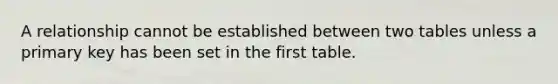 A relationship cannot be established between two tables unless a primary key has been set in the first table.