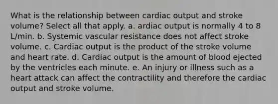 What is the relationship between cardiac output and stroke volume? Select all that apply. a. ardiac output is normally 4 to 8 L/min. b. Systemic vascular resistance does not affect stroke volume. c. Cardiac output is the product of the stroke volume and heart rate. d. Cardiac output is the amount of blood ejected by the ventricles each minute. e. An injury or illness such as a heart attack can affect the contractility and therefore the cardiac output and stroke volume.