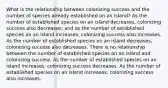 What is the relationship between colonizing success and the number of species already established on an island? As the number of established species on an island decreases, colonizing success also decreases; and as the number of established species on an island increases, colonizing success also increases. As the number of established species on an island decreases, colonizing success also decreases. There is no relationship between the number of established species on an island and colonizing success. As the number of established species on an island increases, colonizing success decreases. As the number of established species on an island increases, colonizing success also increases.