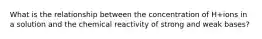 What is the relationship between the concentration of H+ions in a solution and the chemical reactivity of strong and weak bases?