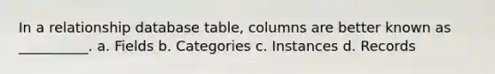 In a relationship database table, columns are better known as __________. a. Fields b. Categories c. Instances d. Records