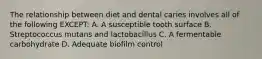 The relationship between diet and dental caries involves all of the following EXCEPT: A. A susceptible tooth surface B. Streptococcus mutans and lactobacillus C. A fermentable carbohydrate D. Adequate biofilm control