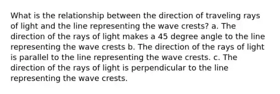 What is the relationship between the direction of traveling rays of light and the line representing the wave crests? a. The direction of the rays of light makes a 45 degree angle to the line representing the wave crests b. The direction of the rays of light is parallel to the line representing the wave crests. c. The direction of the rays of light is perpendicular to the line representing the wave crests.