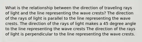 What is the relationship between the direction of traveling rays of light and the line representing the wave crests? The direction of the rays of light is parallel to the line representing the wave crests. The direction of the rays of light makes a 45 degree angle to the line representing the wave crests The direction of the rays of light is perpendicular to the line representing the wave crests.