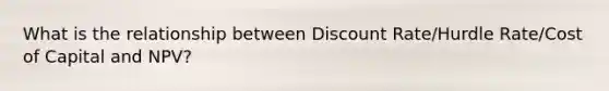 What is the relationship between Discount Rate/Hurdle Rate/Cost of Capital and NPV?