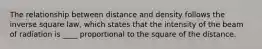 The relationship between distance and density follows the inverse square law, which states that the intensity of the beam of radiation is ____ proportional to the square of the distance.