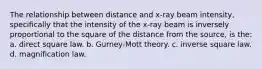 The relationship between distance and x-ray beam intensity, specifically that the intensity of the x-ray beam is inversely proportional to the square of the distance from the source, is the: a. direct square law. b. Gurney-Mott theory. c. inverse square law. d. magnification law.