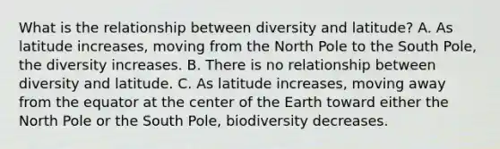 What is the relationship between diversity and latitude? A. As latitude increases, moving from the North Pole to the South Pole, the diversity increases. B. There is no relationship between diversity and latitude. C. As latitude increases, moving away from the equator at the center of the Earth toward either the North Pole or the South Pole, biodiversity decreases.