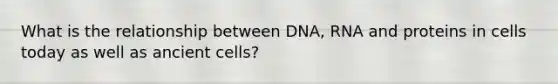 What is the relationship between DNA, RNA and proteins in cells today as well as ancient cells?