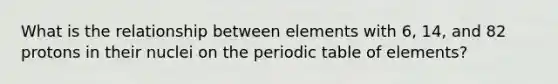 What is the relationship between elements with 6, 14, and 82 protons in their nuclei on <a href='https://www.questionai.com/knowledge/kIrBULvFQz-the-periodic-table' class='anchor-knowledge'>the periodic table</a> of elements?