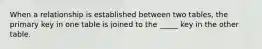When a relationship is established between two tables, the primary key in one table is joined to the _____ key in the other table.