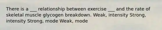 There is a ___ relationship between exercise ___ and the rate of skeletal muscle glycogen breakdown. Weak, intensity Strong, intensity Strong, mode Weak, mode