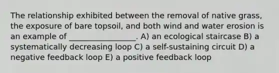 The relationship exhibited between the removal of native grass, the exposure of bare topsoil, and both wind and water erosion is an example of _________________. A) an ecological staircase B) a systematically decreasing loop C) a self-sustaining circuit D) a negative feedback loop E) a positive feedback loop