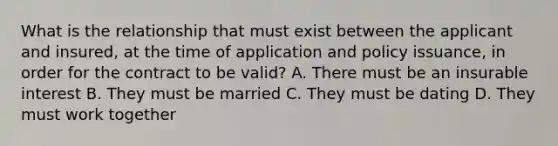 What is the relationship that must exist between the applicant and insured, at the time of application and policy issuance, in order for the contract to be valid? A. There must be an insurable interest B. They must be married C. They must be dating D. They must work together