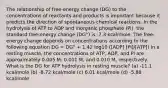 The relationship of free-energy change (DG) to the concentrations of reactants and products is important because it predicts the direction of spontaneous chemical reactions. In the hydrolysis of ATP to ADP and inorganic phosphate (Pi), the standard free-energy change (DG°) is -7.3 kcal/mole. The free-energy change depends on concentrations according to the following equation DG = DG° + 1.42 log10 ([ADP] [Pi]/[ATP]) In a resting muscle, the concentrations of ATP, ADP, and Pi are approximately 0.005 M, 0.001 M, and 0.010 M, respectively. What is the DG for ATP hydrolysis in resting muscle? (a) -11.1 kcal/mole (b) -8.72 kcal/mole (c) 6.01 kcal/mole (d) -5.88 kcal/mole