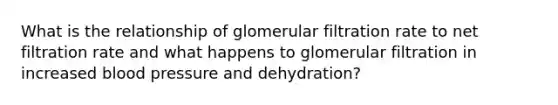 What is the relationship of glomerular filtration rate to net filtration rate and what happens to glomerular filtration in increased blood pressure and dehydration?