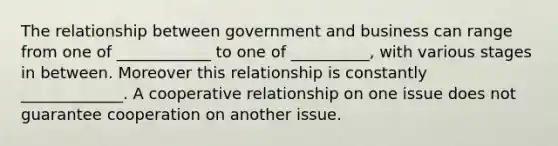 The relationship between government and business can range from one of ____________ to one of __________, with various stages in between. Moreover this relationship is constantly _____________. A cooperative relationship on one issue does not guarantee cooperation on another issue.