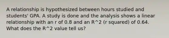 A relationship is hypothesized between hours studied and students' GPA. A study is done and the analysis shows a linear relationship with an r of 0.8 and an R^2 (r squared) of 0.64. What does the R^2 value tell us?