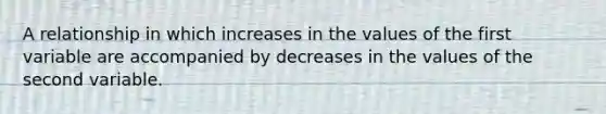 A relationship in which increases in the values of the first variable are accompanied by decreases in the values of the second variable.