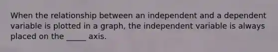 When the relationship between an independent and a dependent variable is plotted in a graph, the independent variable is always placed on the _____ axis.