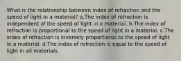 What is the relationship between index of refraction and the speed of light in a material? a.The index of refraction is independent of the speed of light in a material. b.The index of refraction is proportional to the speed of light in a material. c.The index of refraction is inversely proportional to the speed of light in a material. d.The index of refraction is equal to the speed of light in all materials.