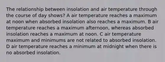 The relationship between insolation and air temperature through the course of day shows? A air temperature reaches a maximum at noon when absorbed insolation also reaches a maximum. B air temperature reaches a maximum afternoon, whereas absorbed insolation reaches a maximum at noon. C air temperature maximum and minimums are not related to absorbed insolation. D air temperature reaches a minimum at midnight when there is no absorbed insolation.