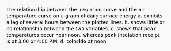 The relationship between the insolation curve and the air temperature curve on a graph of daily surface energy a. exhibits a lag of several hours between the plotted lines. b. shows little or no relationship between the two variables. c. shows that peak temperatures occur near noon, whereas peak insolation receipt is at 3:00 or 4:00 P.M. d. coincide at noon