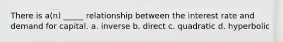 There is a(n) _____ relationship between the interest rate and demand for capital. a. inverse b. direct c. quadratic d. hyperbolic