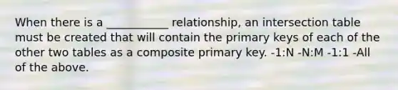 When there is a ___________ relationship, an intersection table must be created that will contain the primary keys of each of the other two tables as a composite primary key. -1:N -N:M -1:1 -All of the above.