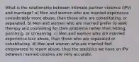 What is the relationship between intimate partner violence (IPV) and marriage? a) Men and women who are married experience considerably more abuse, than those who are cohabitating, or separated. b) Men and women who are married prefer to seek therapy and counseling for their problems rather than hitting, punching, or screaming. c) Men and women who are married experience less abuse, than those who are separated or cohabitating. d) Men and women who are married feel empowered to report abuse, thus the statistics we have on IPV between married couples are very accurate.