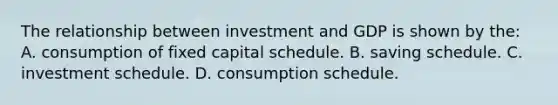 The relationship between investment and GDP is shown by the: A. consumption of fixed capital schedule. B. saving schedule. C. investment schedule. D. consumption schedule.