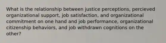 What is the relationship between justice perceptions, percieved organizational support, job satisfaction, and organizational commitment on one hand and job performance, organizational citizenship behaviors, and job withdrawn cognitions on the other?