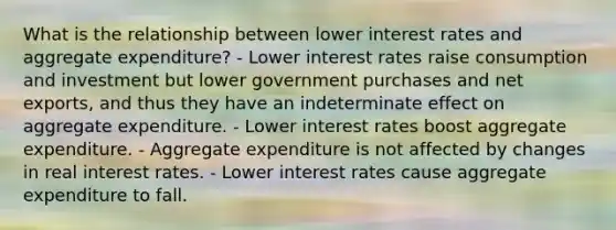 What is the relationship between lower interest rates and aggregate expenditure? - Lower interest rates raise consumption and investment but lower government purchases and net exports, and thus they have an indeterminate effect on aggregate expenditure. - Lower interest rates boost aggregate expenditure. - Aggregate expenditure is not affected by changes in real interest rates. - Lower interest rates cause aggregate expenditure to fall.