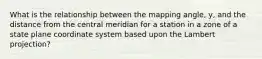 What is the relationship between the mapping angle, y, and the distance from the central meridian for a station in a zone of a state plane coordinate system based upon the Lambert projection?