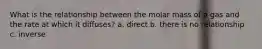 What is the relationship between the molar mass of a gas and the rate at which it diffuses? a. direct b. there is no relationship c. inverse