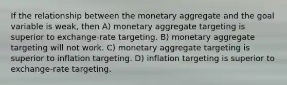 If the relationship between the monetary aggregate and the goal variable is weak, then A) monetary aggregate targeting is superior to exchange-rate targeting. B) monetary aggregate targeting will not work. C) monetary aggregate targeting is superior to inflation targeting. D) inflation targeting is superior to exchange-rate targeting.