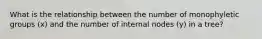 What is the relationship between the number of monophyletic groups (x) and the number of internal nodes (y) in a tree?