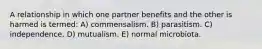 A relationship in which one partner benefits and the other is harmed is termed: A) commensalism. B) parasitism. C) independence. D) mutualism. E) normal microbiota.