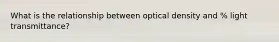 What is the relationship between optical density and % light transmittance?