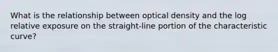 What is the relationship between optical density and the log relative exposure on the straight-line portion of the characteristic curve?