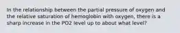 In the relationship between the partial pressure of oxygen and the relative saturation of hemoglobin with oxygen, there is a sharp increase in the PO2 level up to about what level?