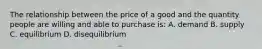 The relationship between the price of a good and the quantity people are willing and able to purchase is: A. demand B. supply C. equilibrium D. disequilibrium