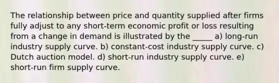 The relationship between price and quantity supplied after firms fully adjust to any short-term economic profit or loss resulting from a change in demand is illustrated by the _____ a) long-run industry supply curve. b) constant-cost industry supply curve. c) Dutch auction model. d) short-run industry supply curve. e) short-run firm supply curve.