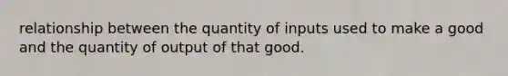 relationship between the quantity of inputs used to make a good and the quantity of output of that good.