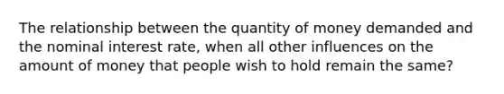 The relationship between the quantity of money demanded and the <a href='https://www.questionai.com/knowledge/k49yumn8ck-nominal-interest-rate' class='anchor-knowledge'>nominal interest rate</a>, when all other influences on the amount of money that people wish to hold remain the same?